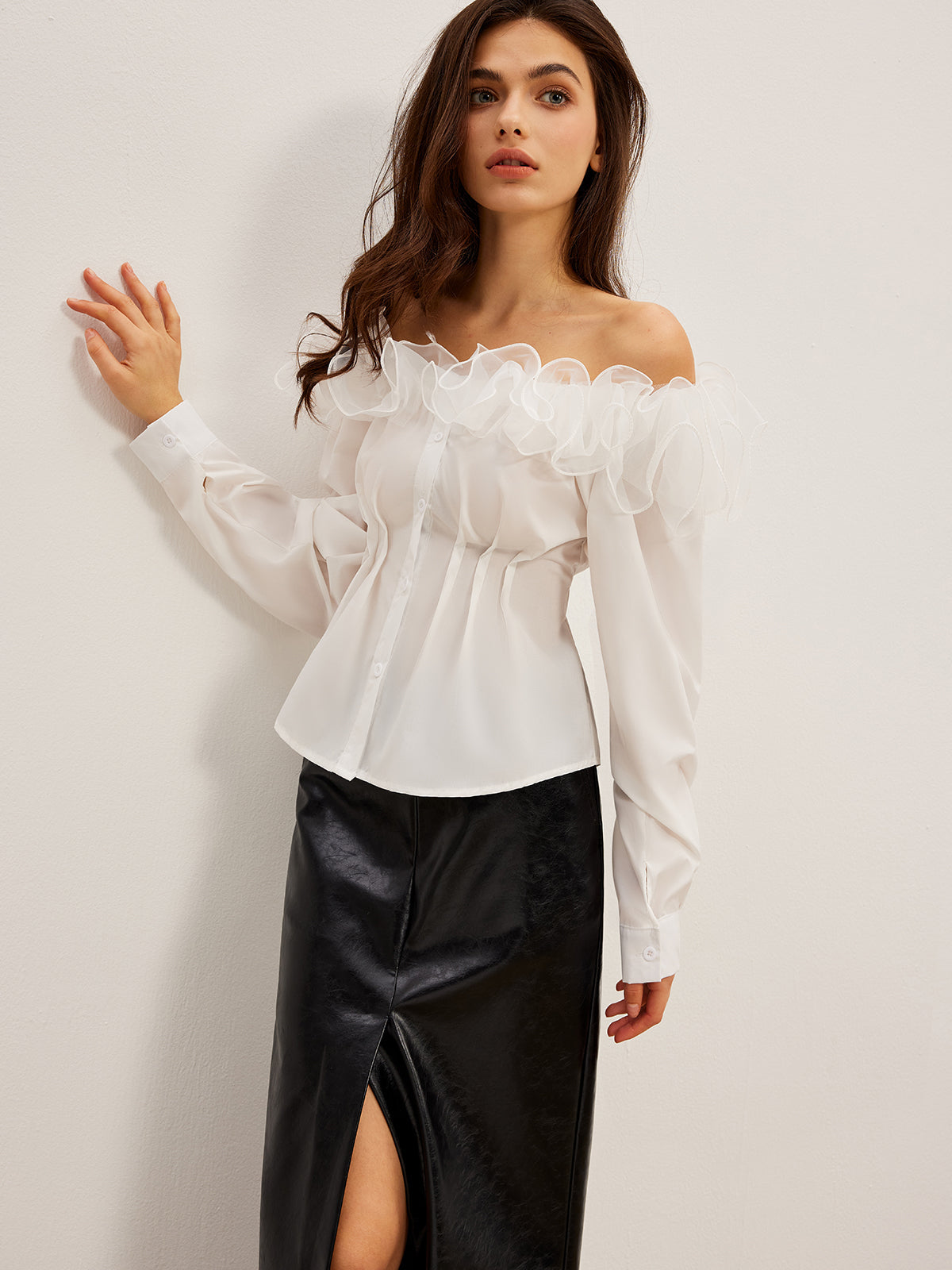 Off-Shoulder Ruffle Cinched Shirt