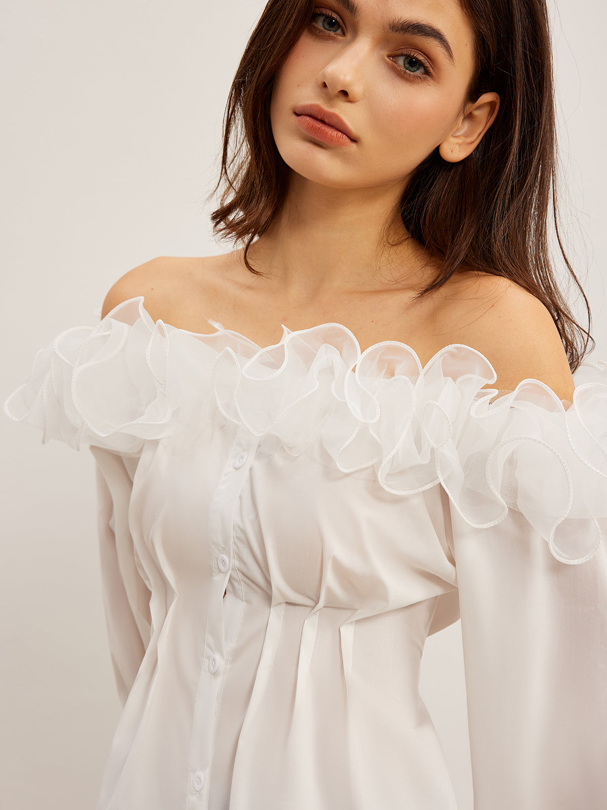 Off-Shoulder Ruffle Cinched Shirt