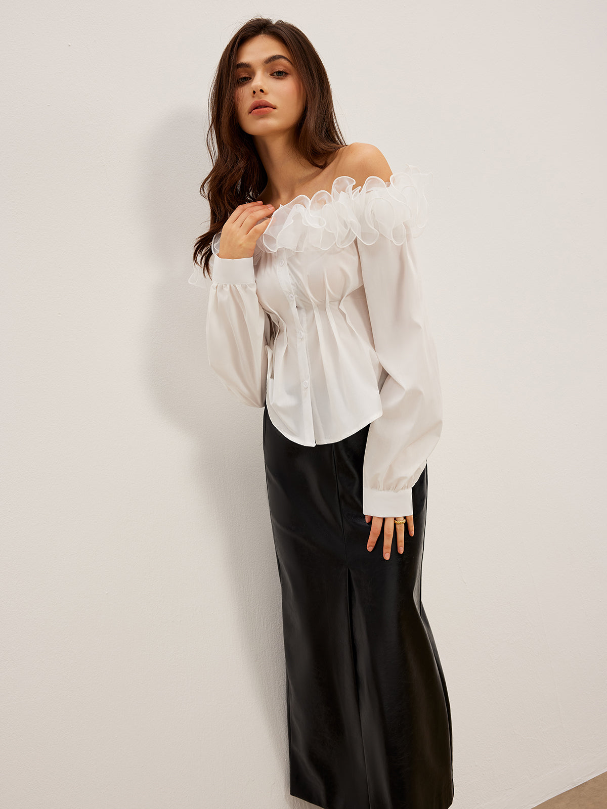 Off-Shoulder Ruffle Cinched Shirt