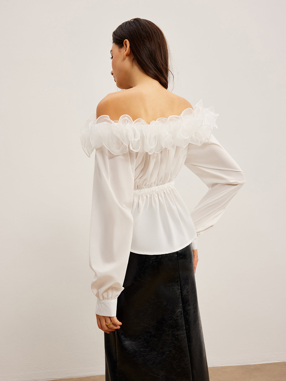 Off-Shoulder Ruffle Cinched Shirt