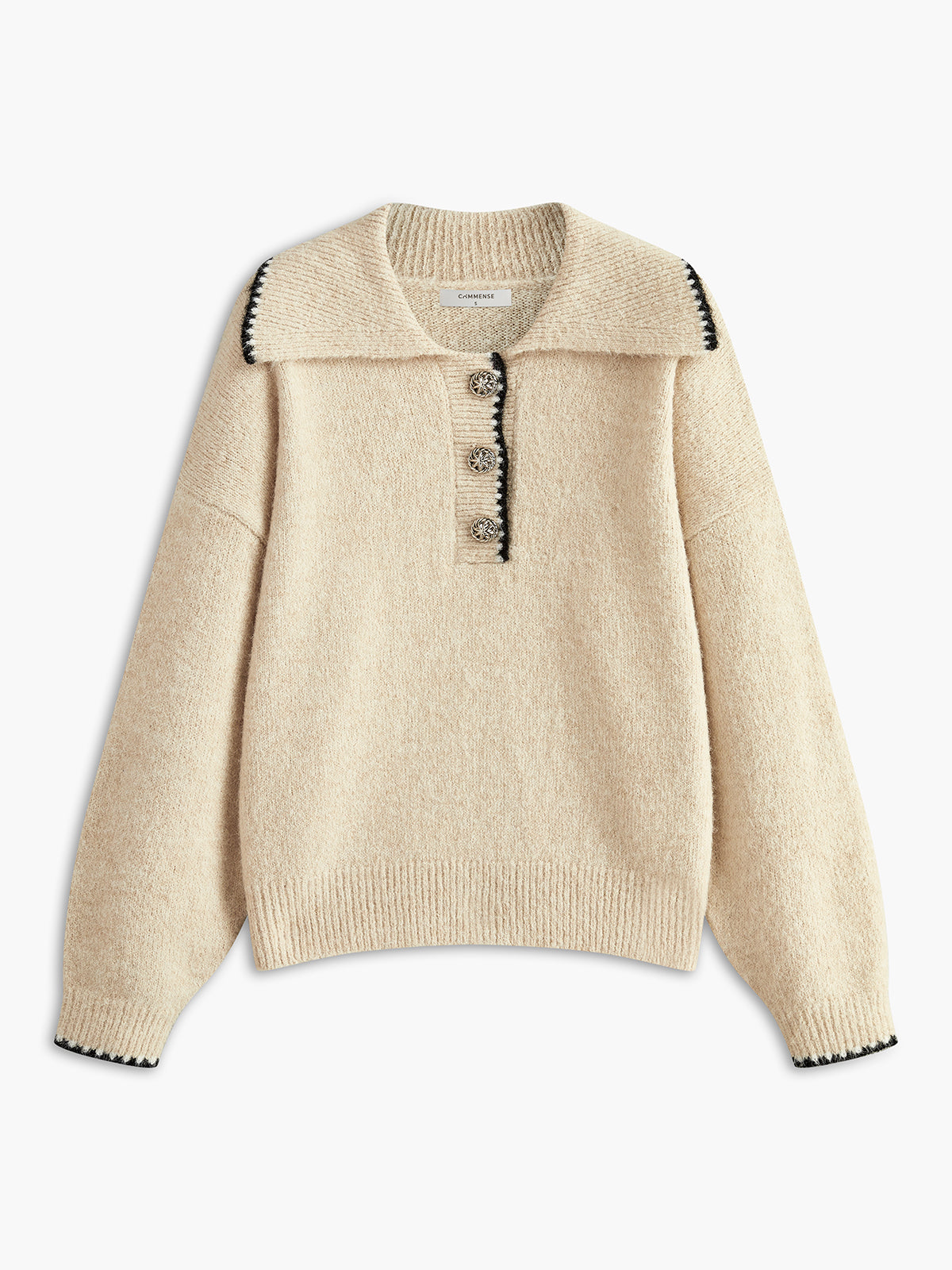 Wool-Blend Embroidered Trim Button Sweater