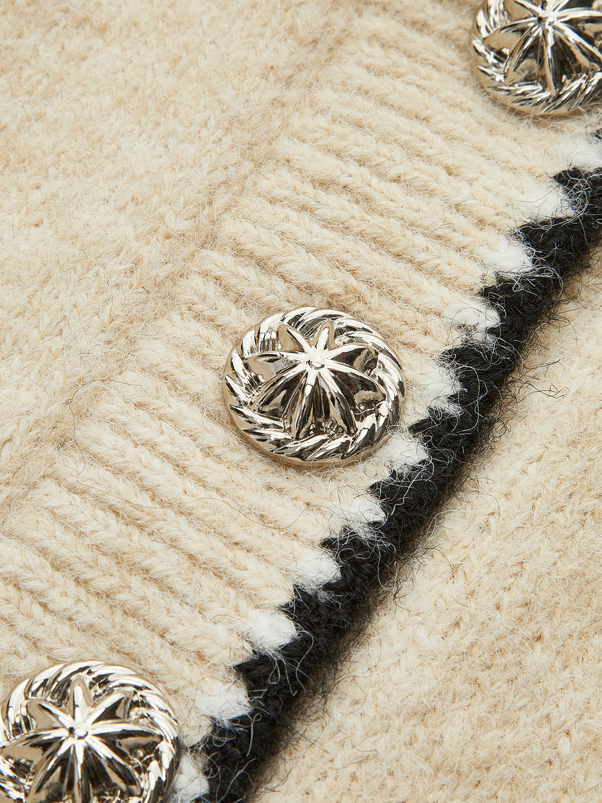 Wool-Blend Embroidered Trim Button Sweater