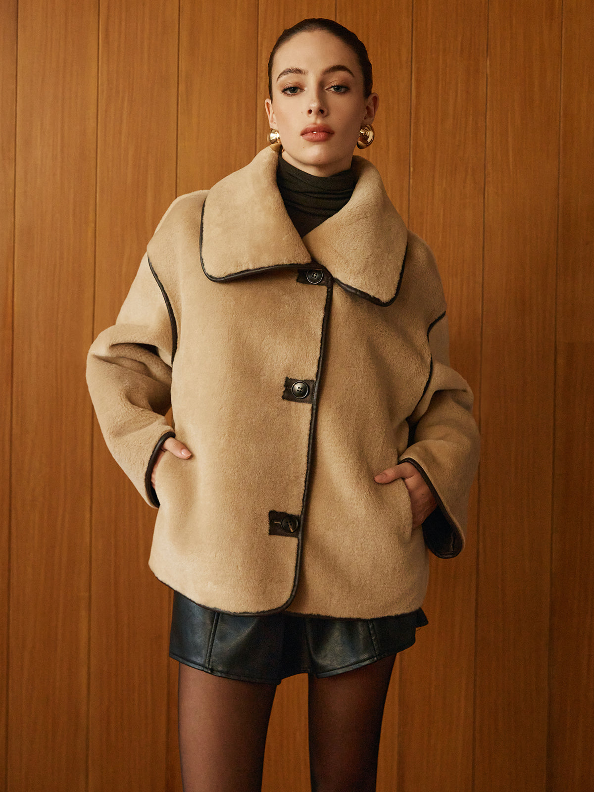 Contrast Piping Shift Minky Coat