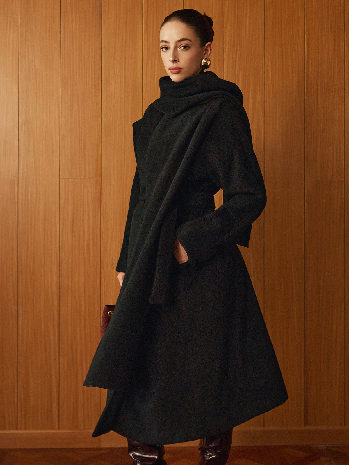 Versatile Belted Warm Coat With Scarf