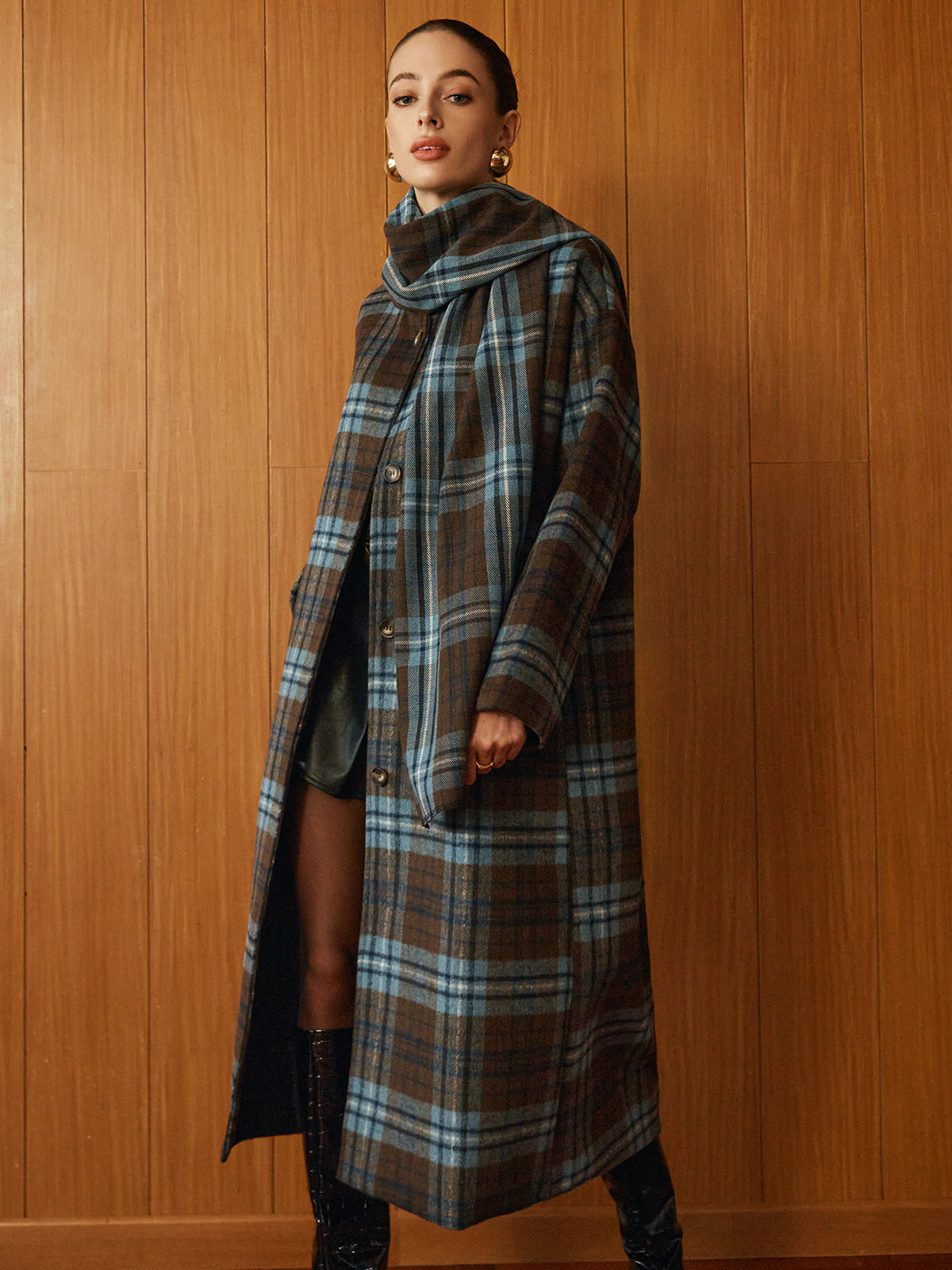 Checked Tweed Long Coat With Scarf