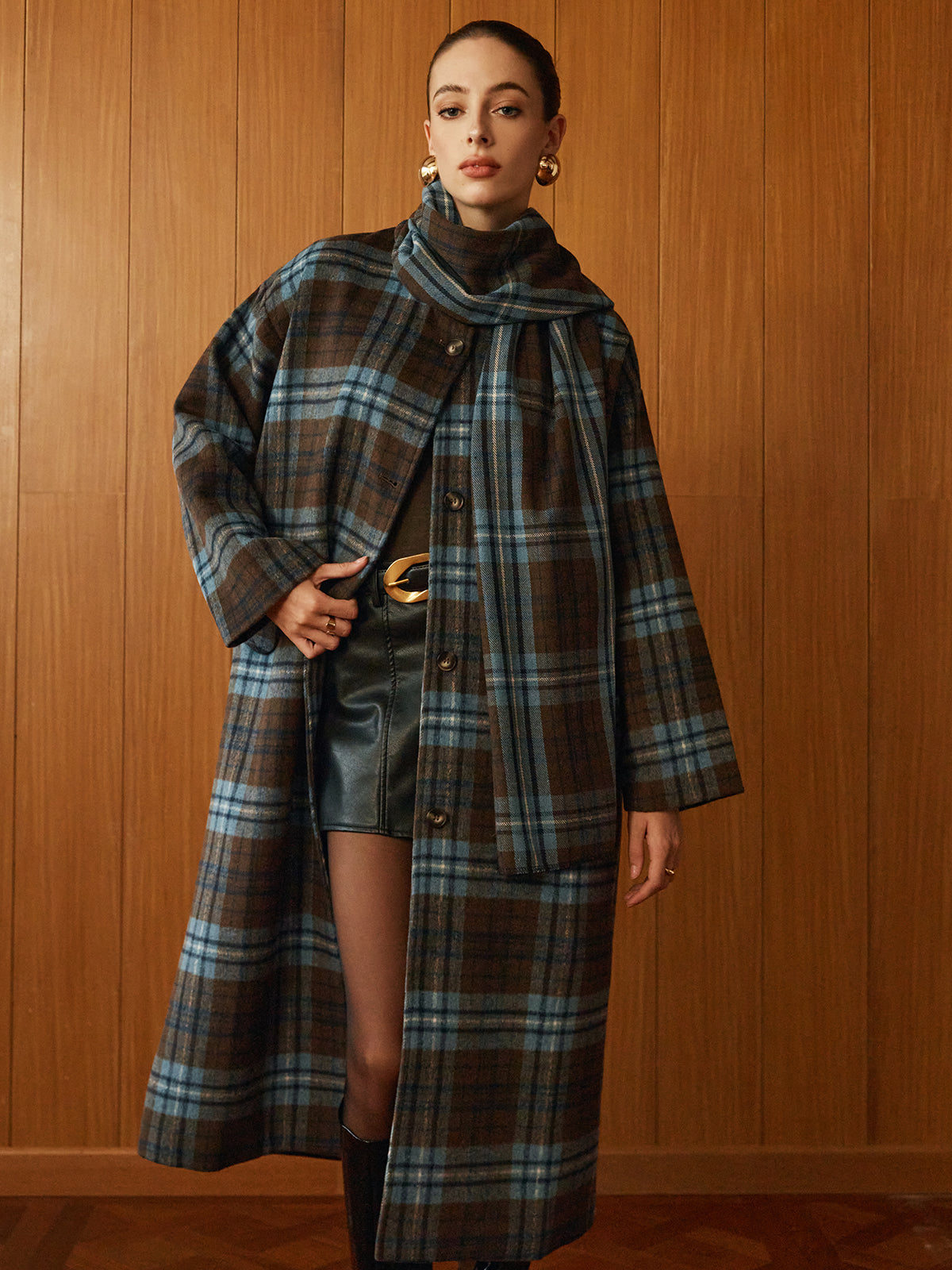 Checked Tweed Long Coat With Scarf