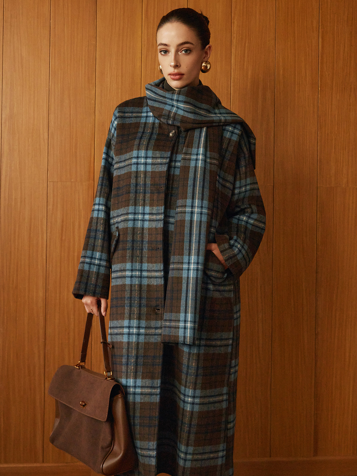 Checked Tweed Long Coat With Scarf