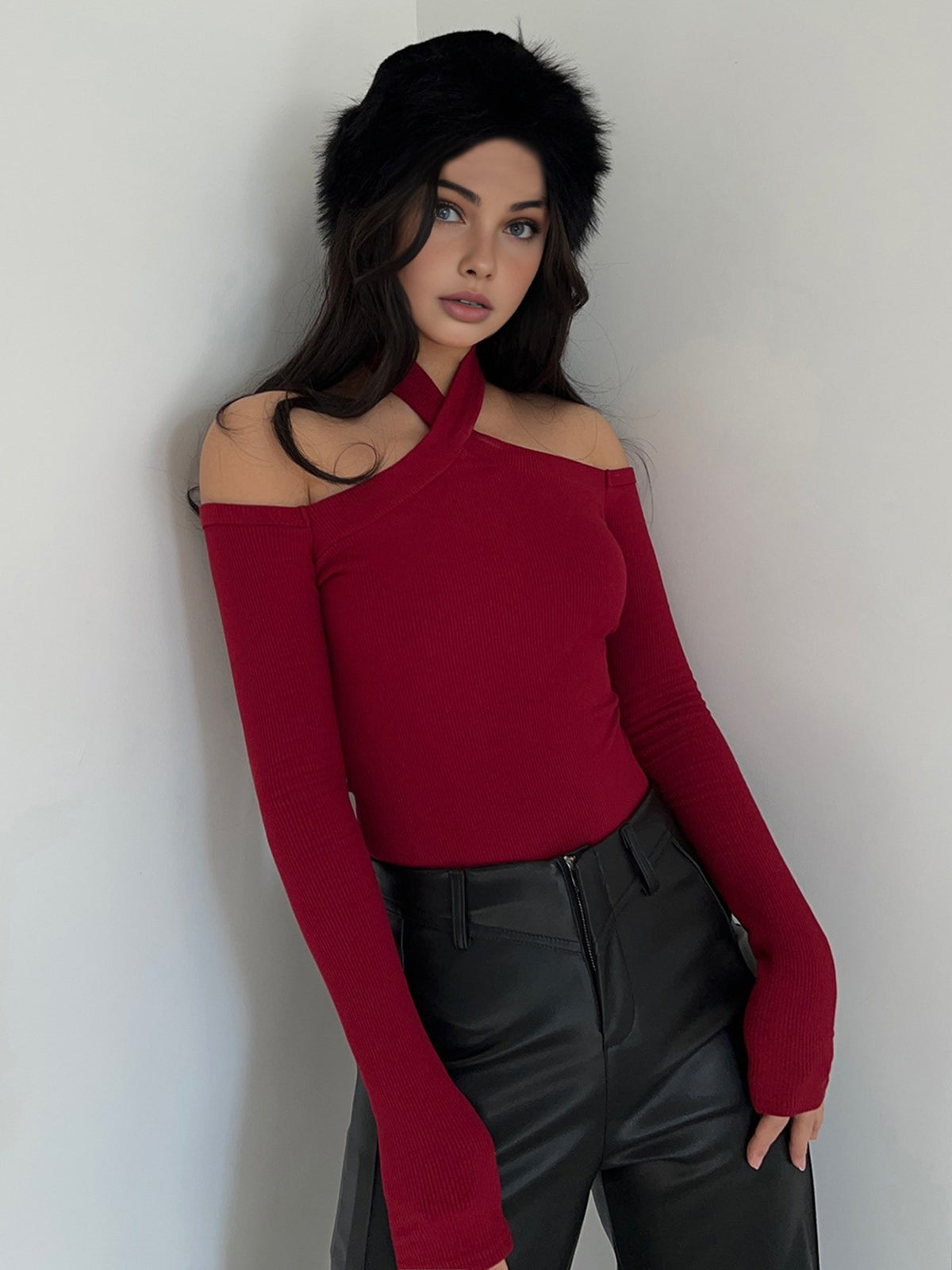 Criss Cross Cold-Shoulder Ribbed Top