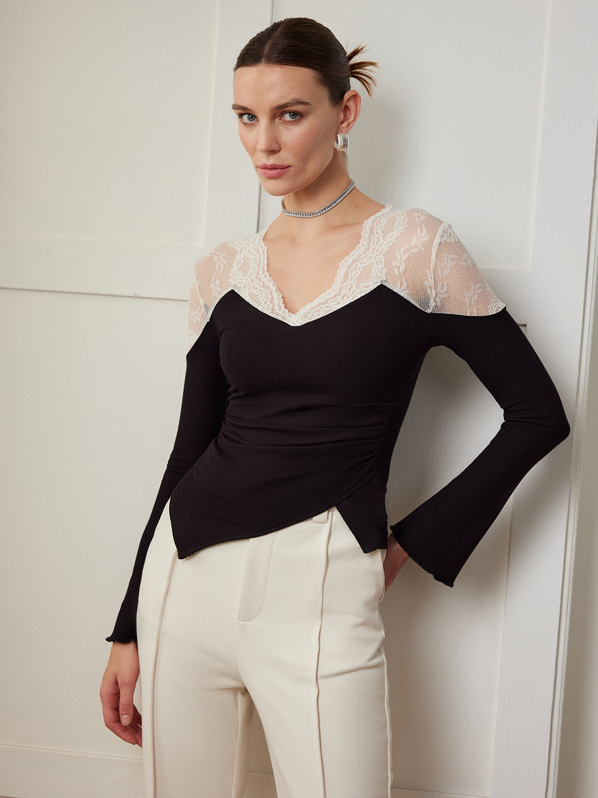 Asymmetric Skinny Lace Panel Blouse