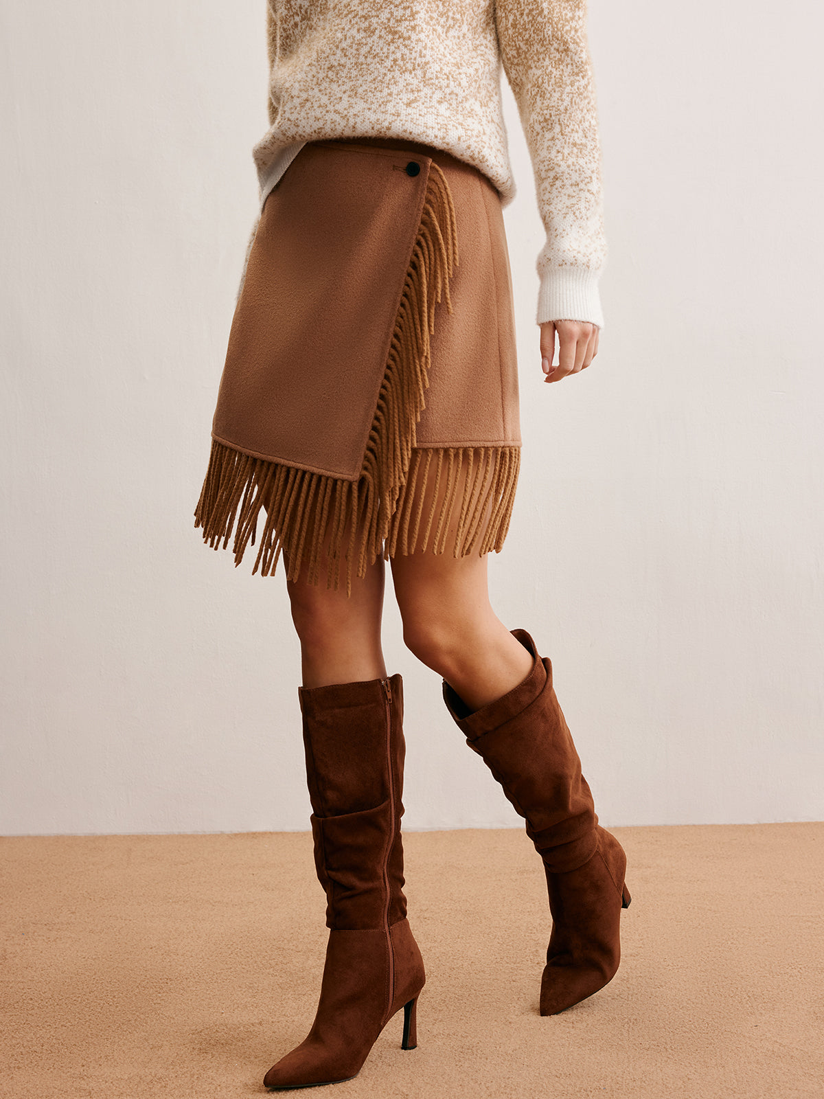 Wool-Blend Button Tassel Mini Skirt