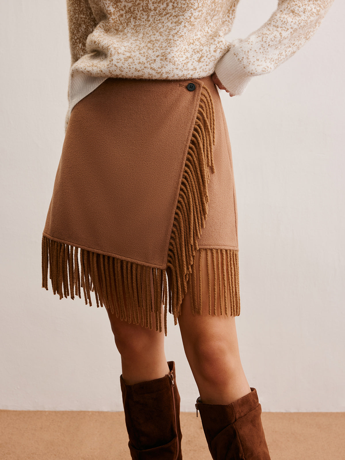 Wool-Blend Button Tassel Mini Skirt