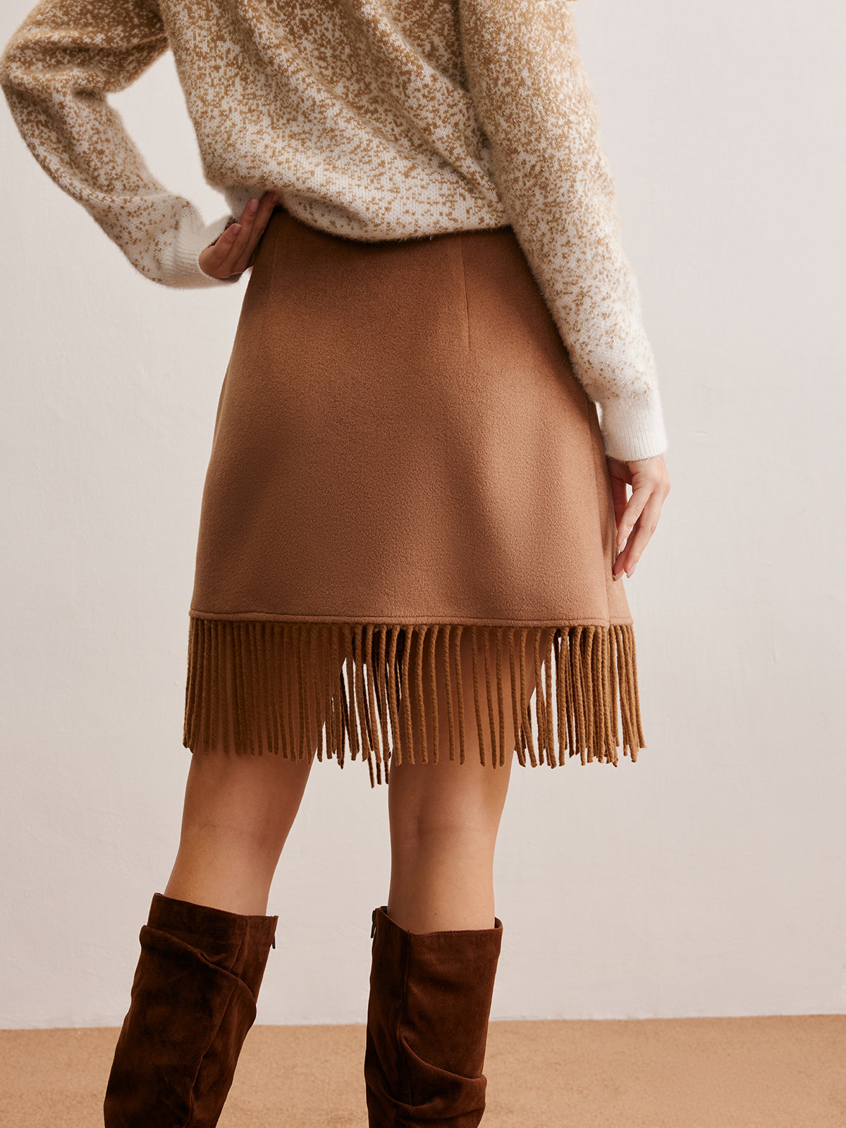 Wool-Blend Button Tassel Mini Skirt