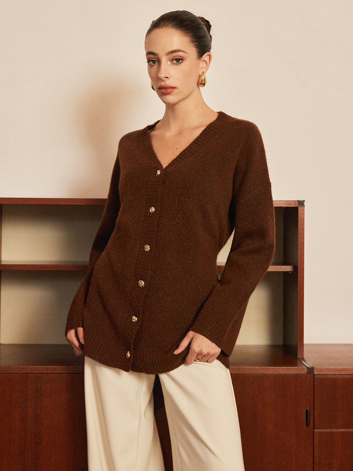 Wool-Blend Metal-Button Belted Cardigan