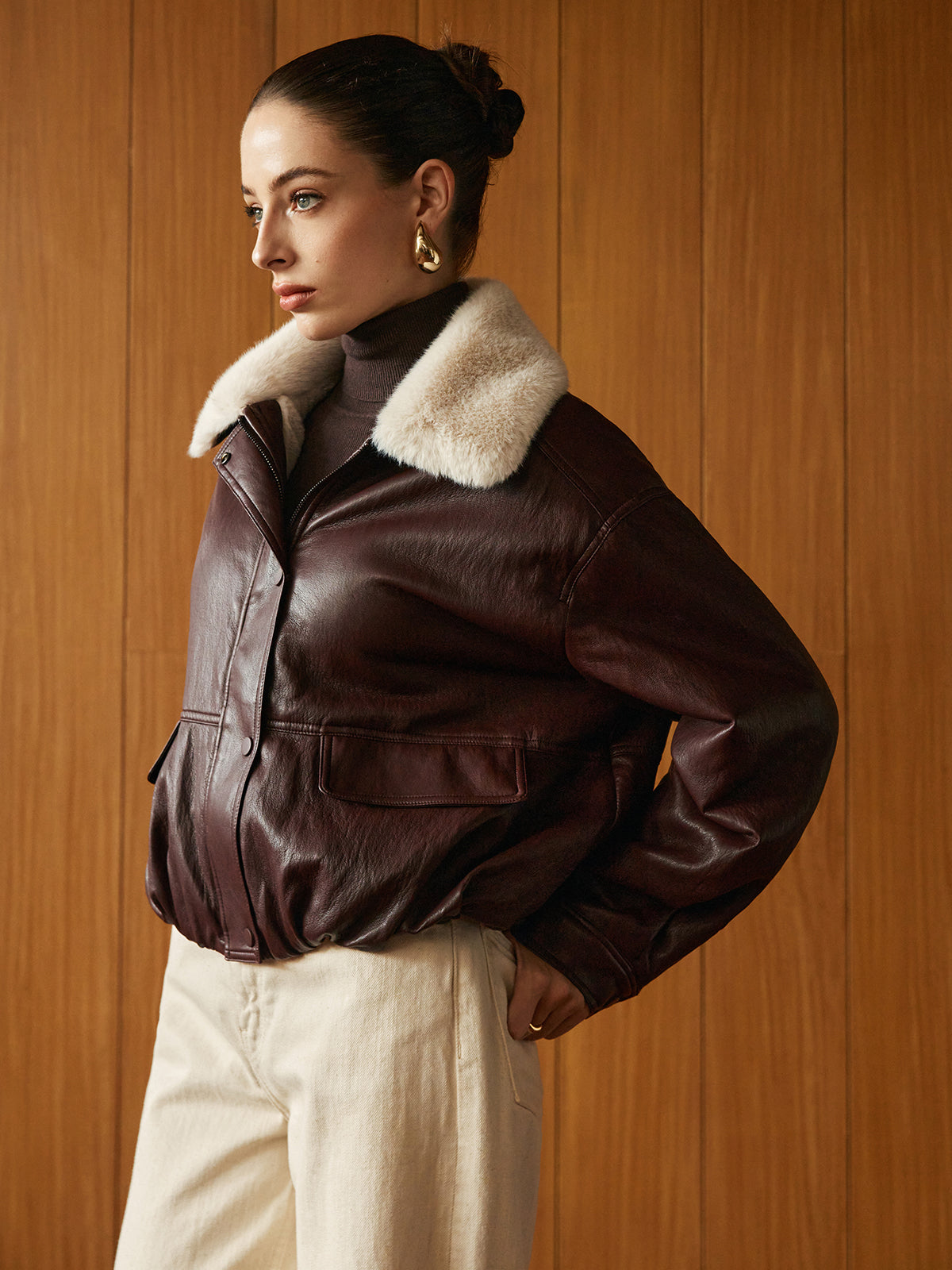 Fleece Lined Faux Leather Zipper Coat