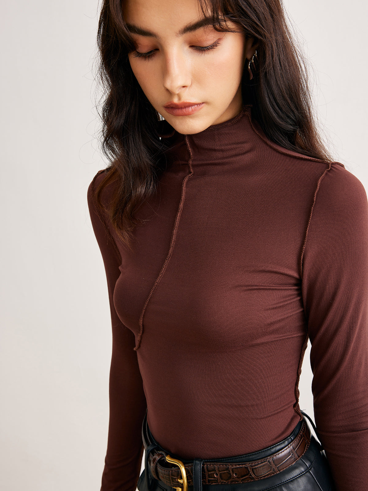 Mock Neck Piping Slim Jersey Top