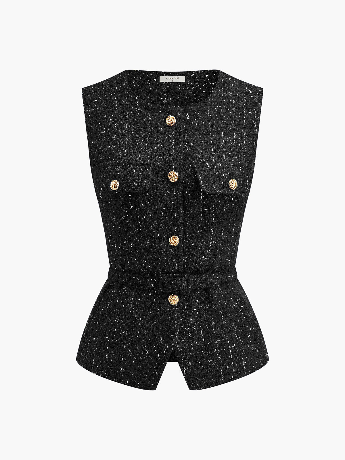 Sequins Button Belted Tweed Vest