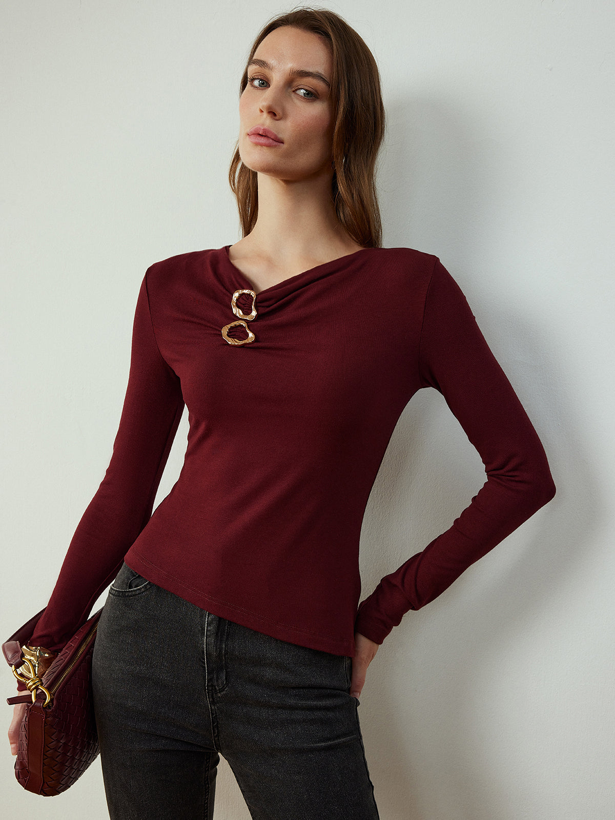 Cowl Neck Metal Decor Slim Blouse