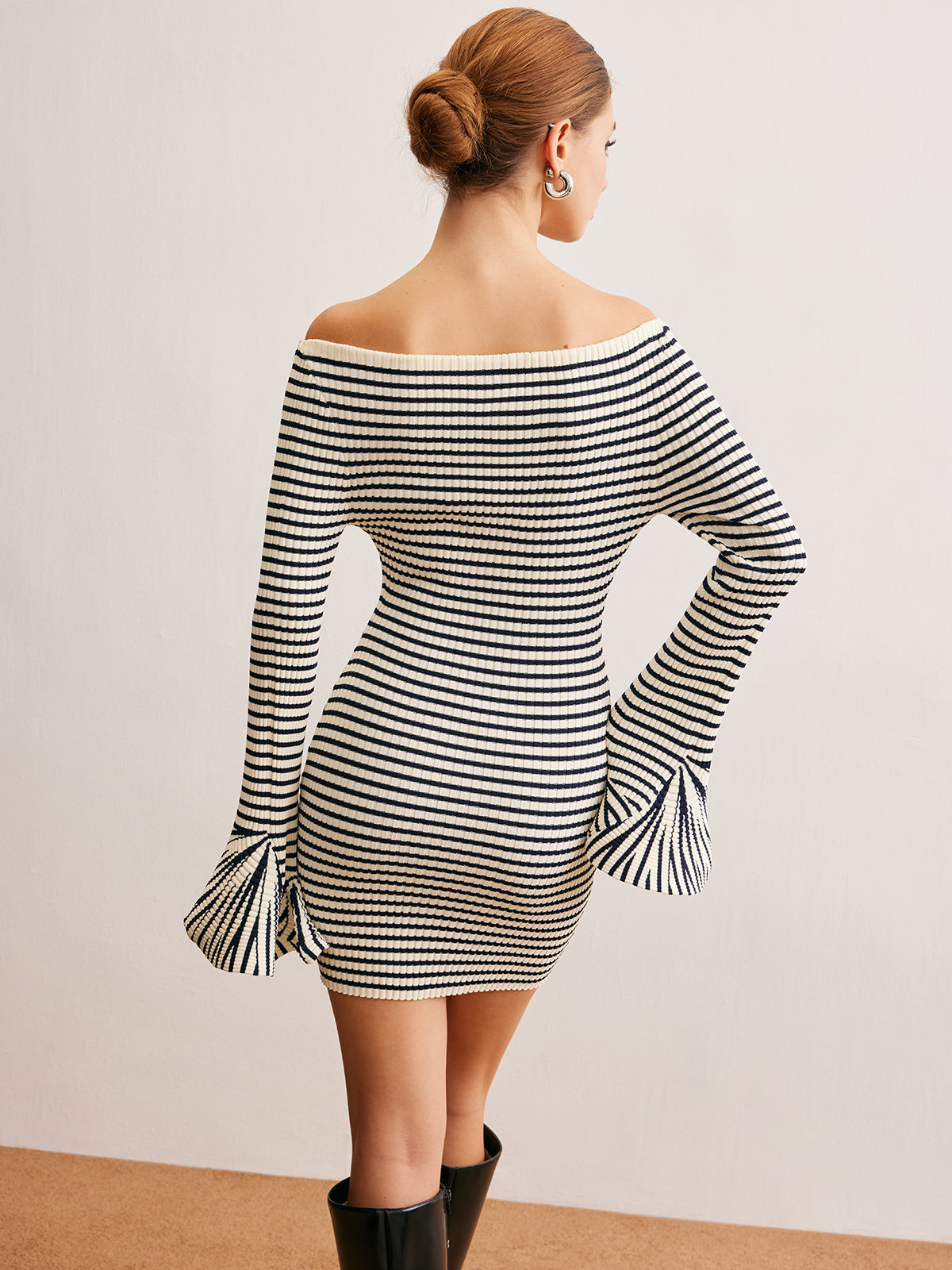 Ruffle-Cuff Striped Sweater Short Dress