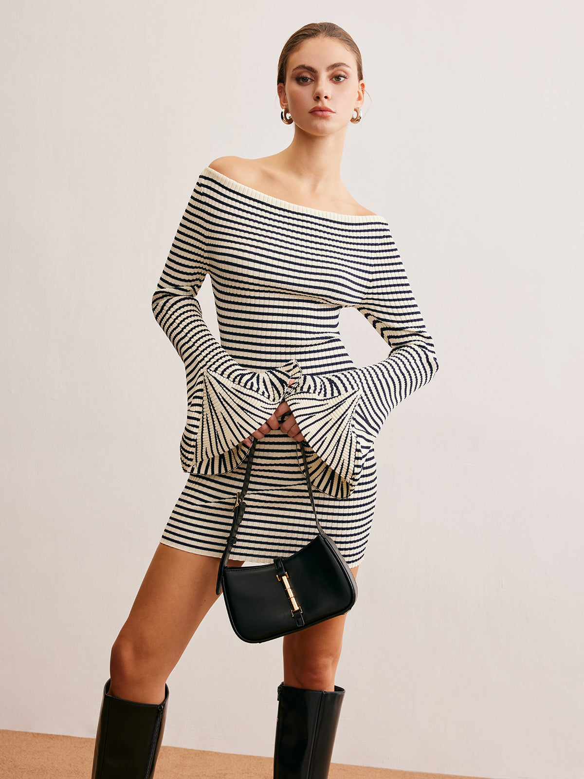 Ruffle-Cuff Striped Sweater Short Dress