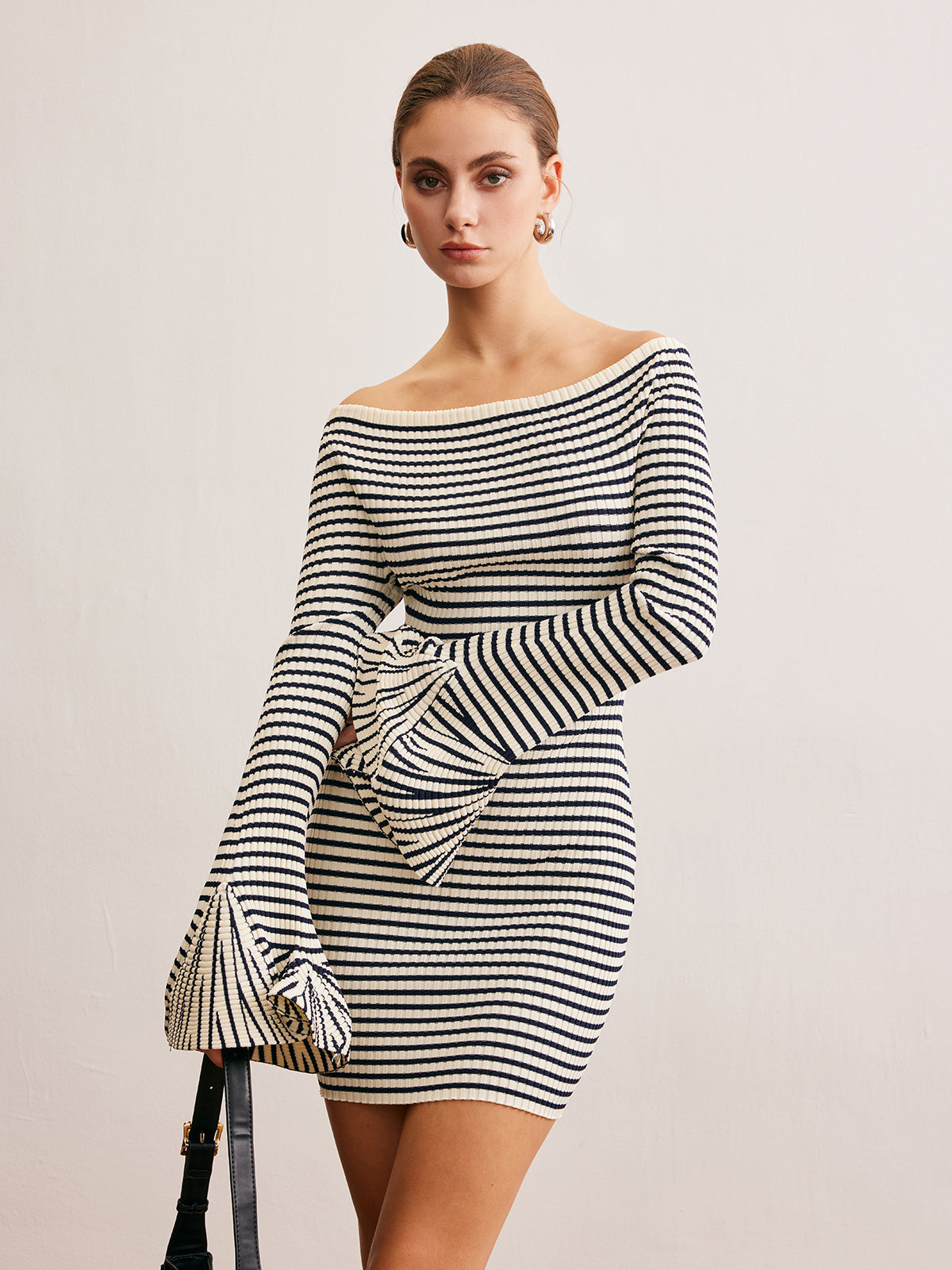 Ruffle-Cuff Striped Sweater Short Dress