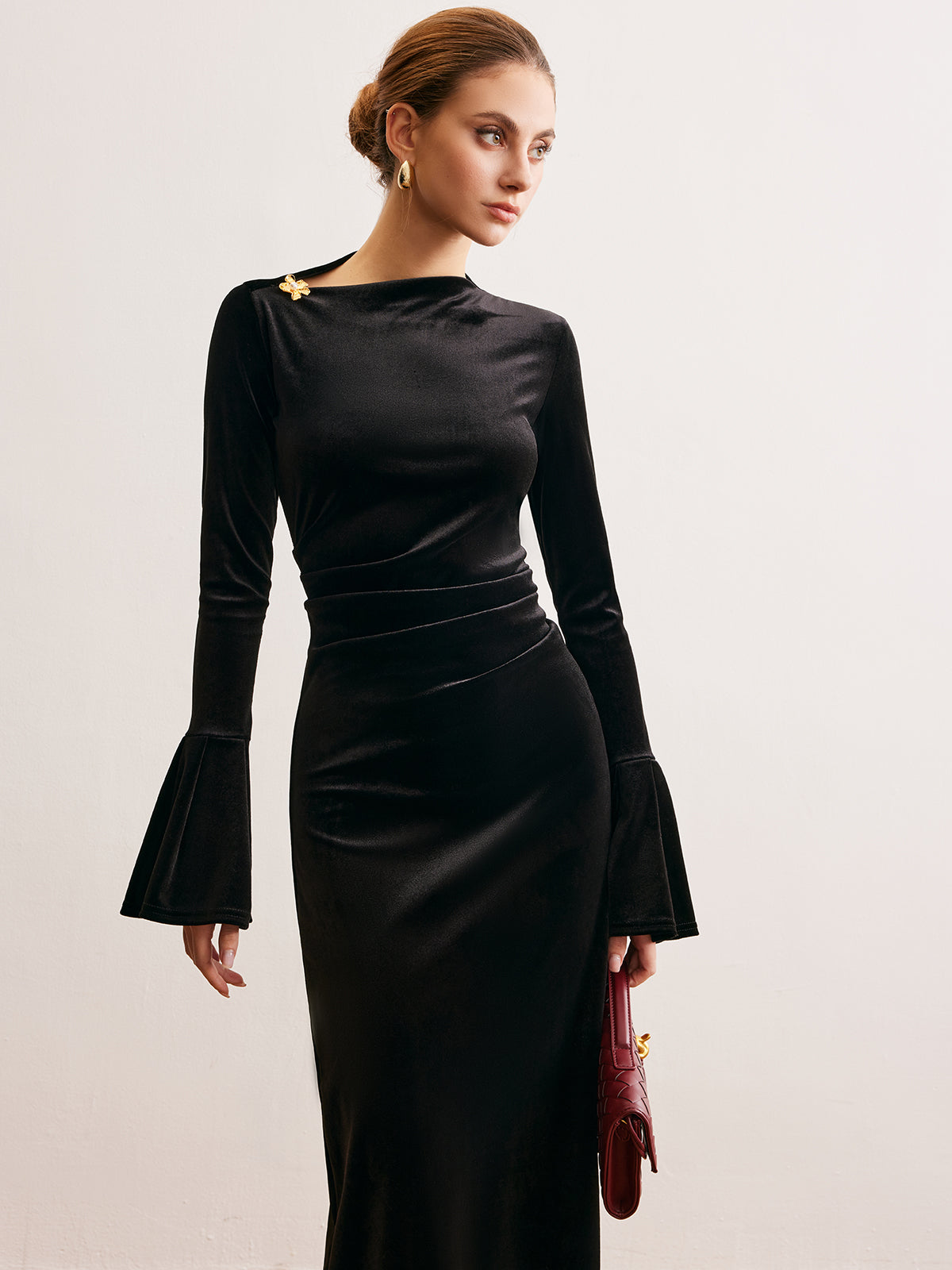 Ruffle-Cuff Velvet Long Dress