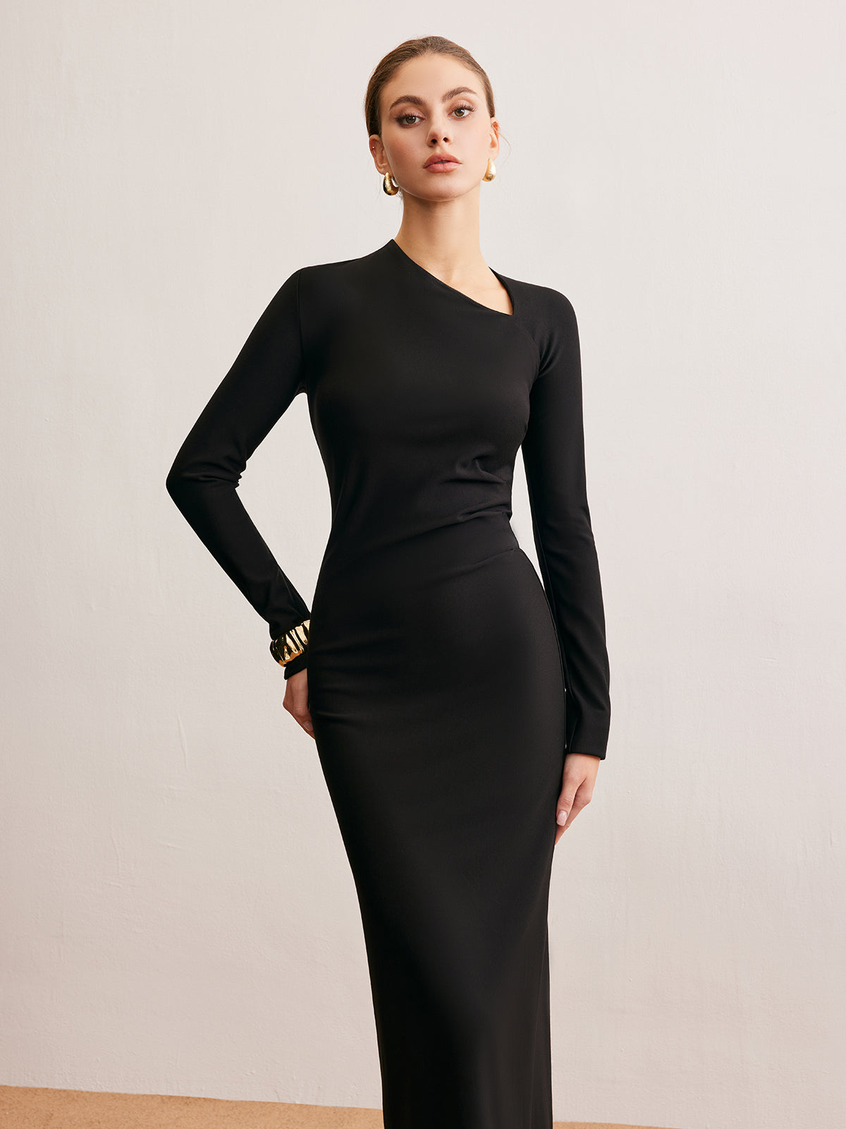 Asymmetrical Neck Plain Jersey Dress