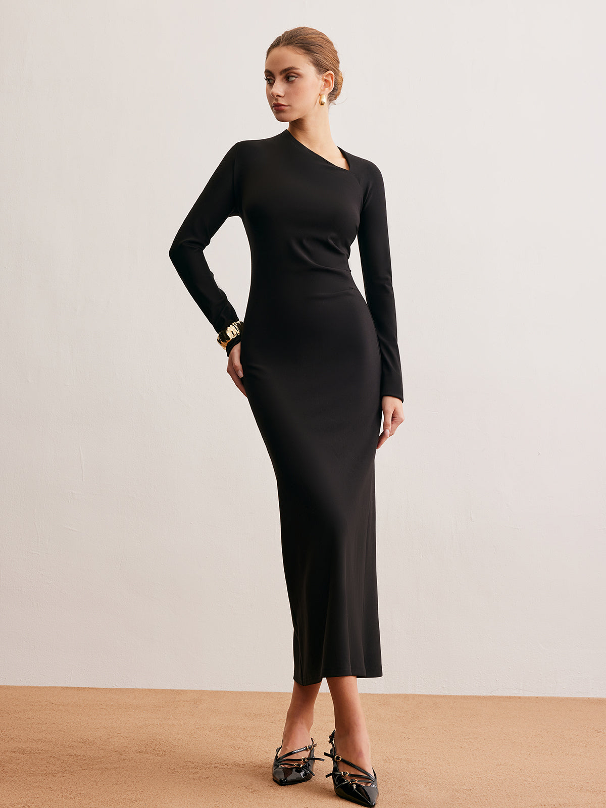 Asymmetrical Neck Plain Jersey Dress