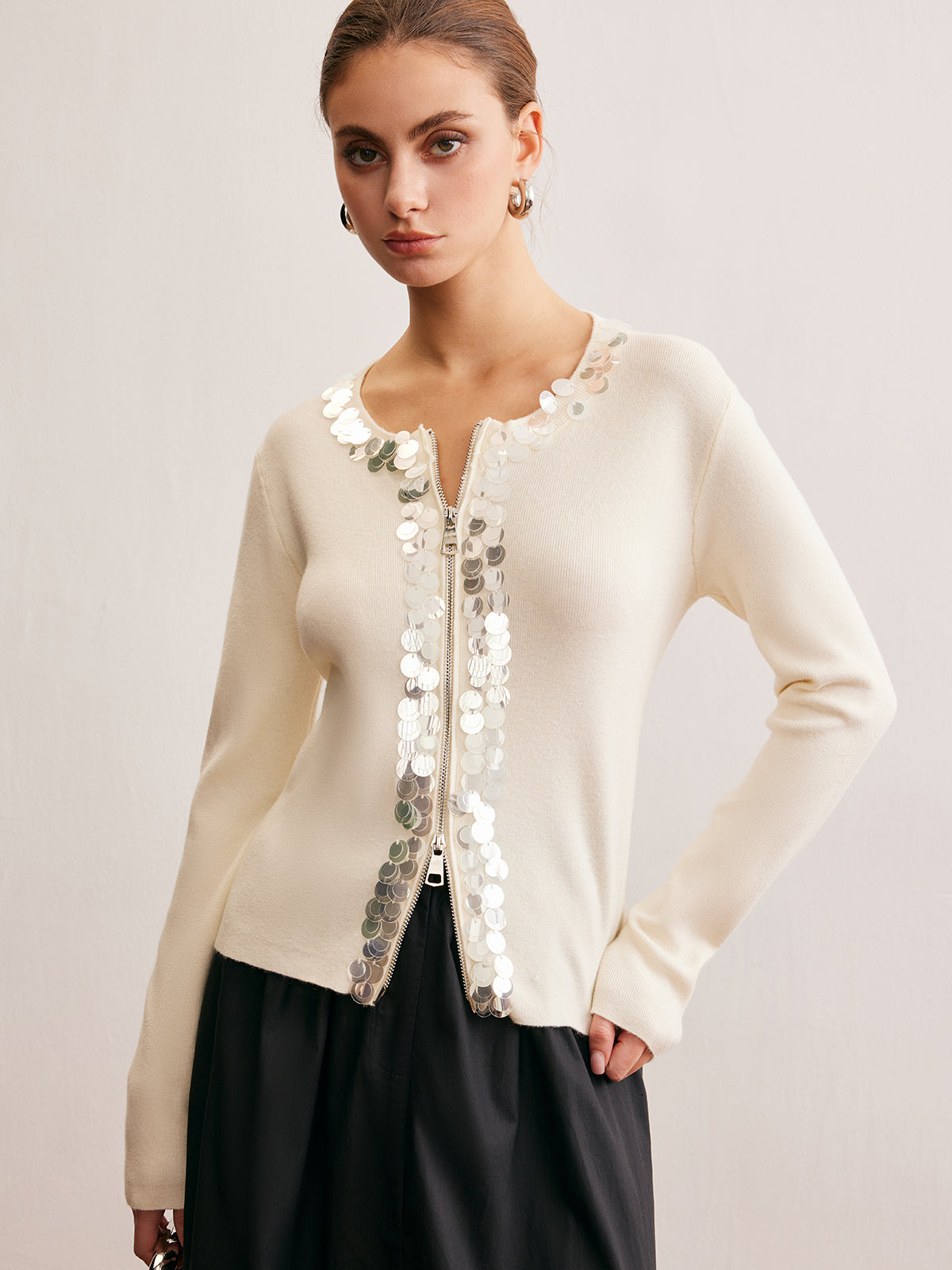 Two-Way Zip Sequins Cardigan