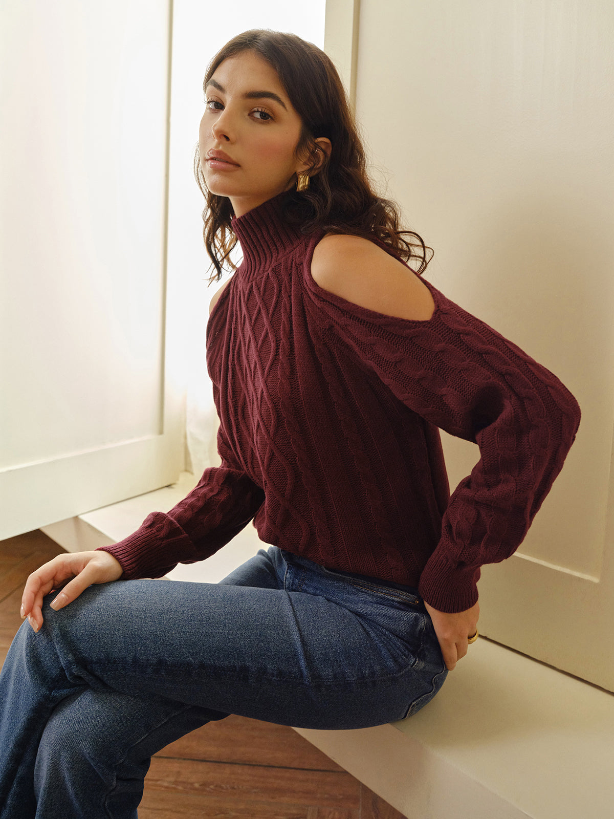 Mock Neck Cold-Shoulder Knit Top