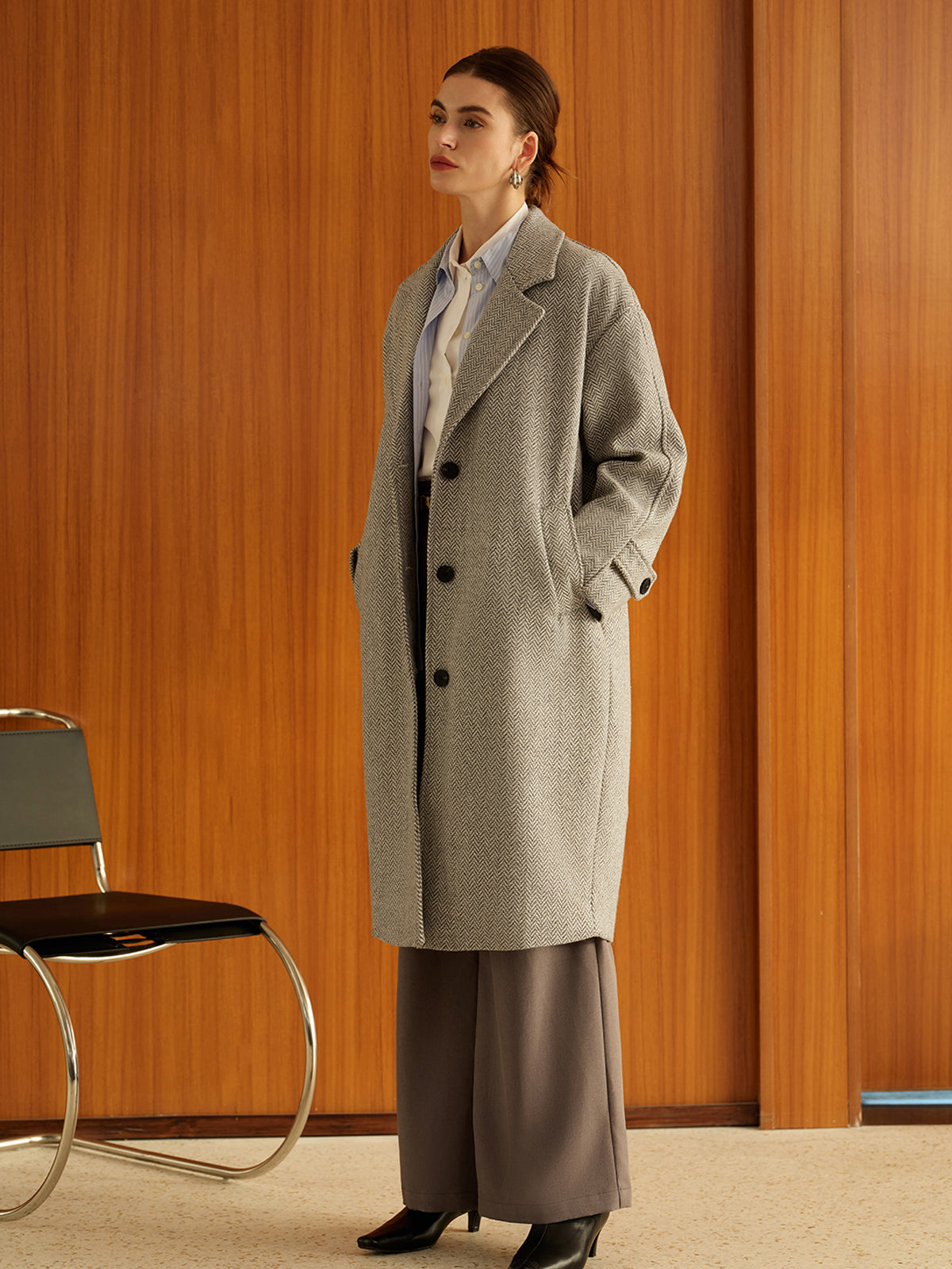 Elegant Plain Button Long Coat