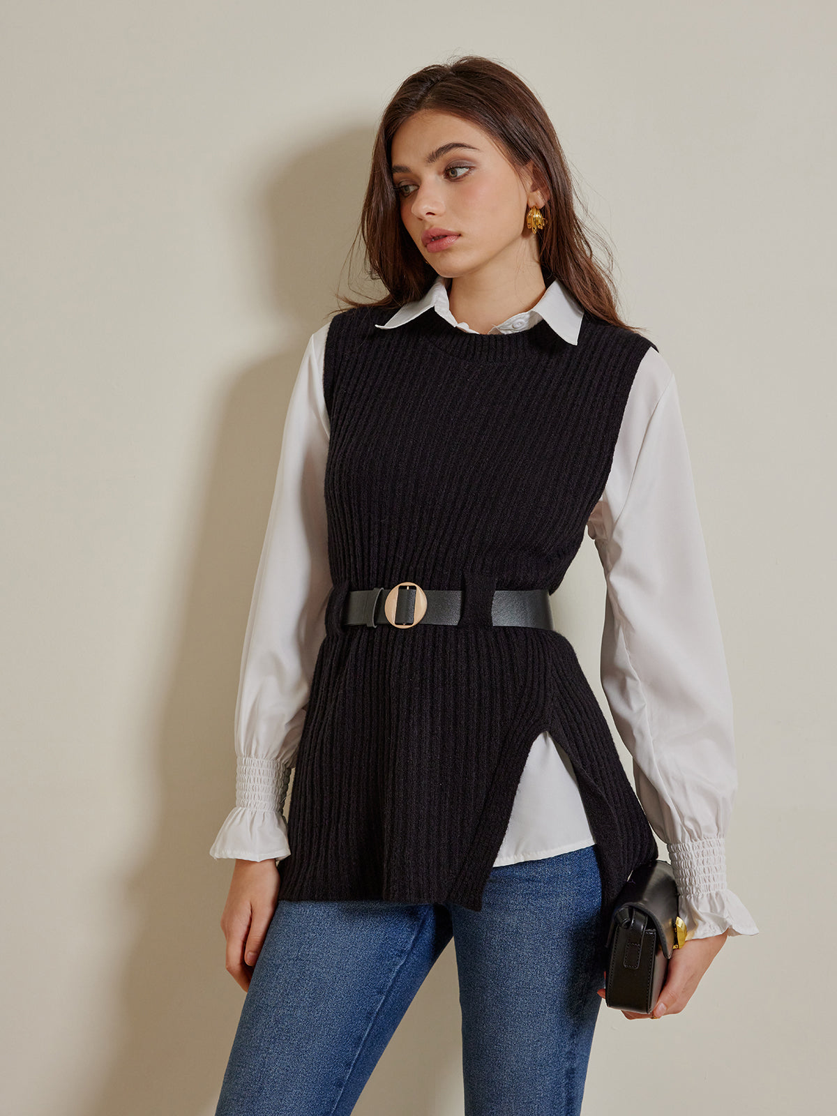 Two-Piece Belted Sweater With Polo Shirt