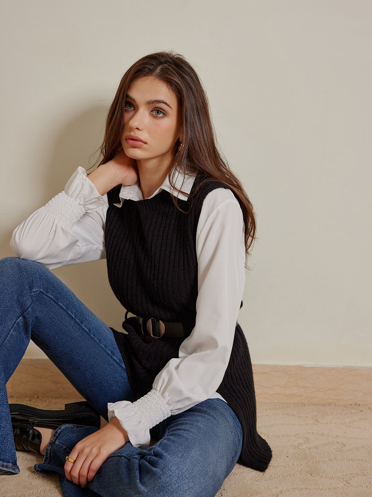 Two-Piece Belted Sweater With Polo Shirt