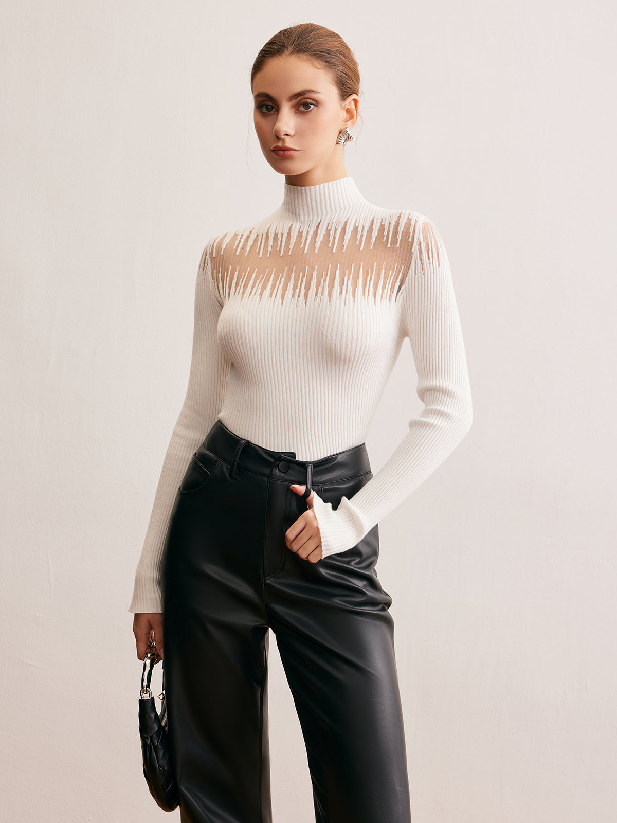 Mock Neck Sheer Panel Stickad Top