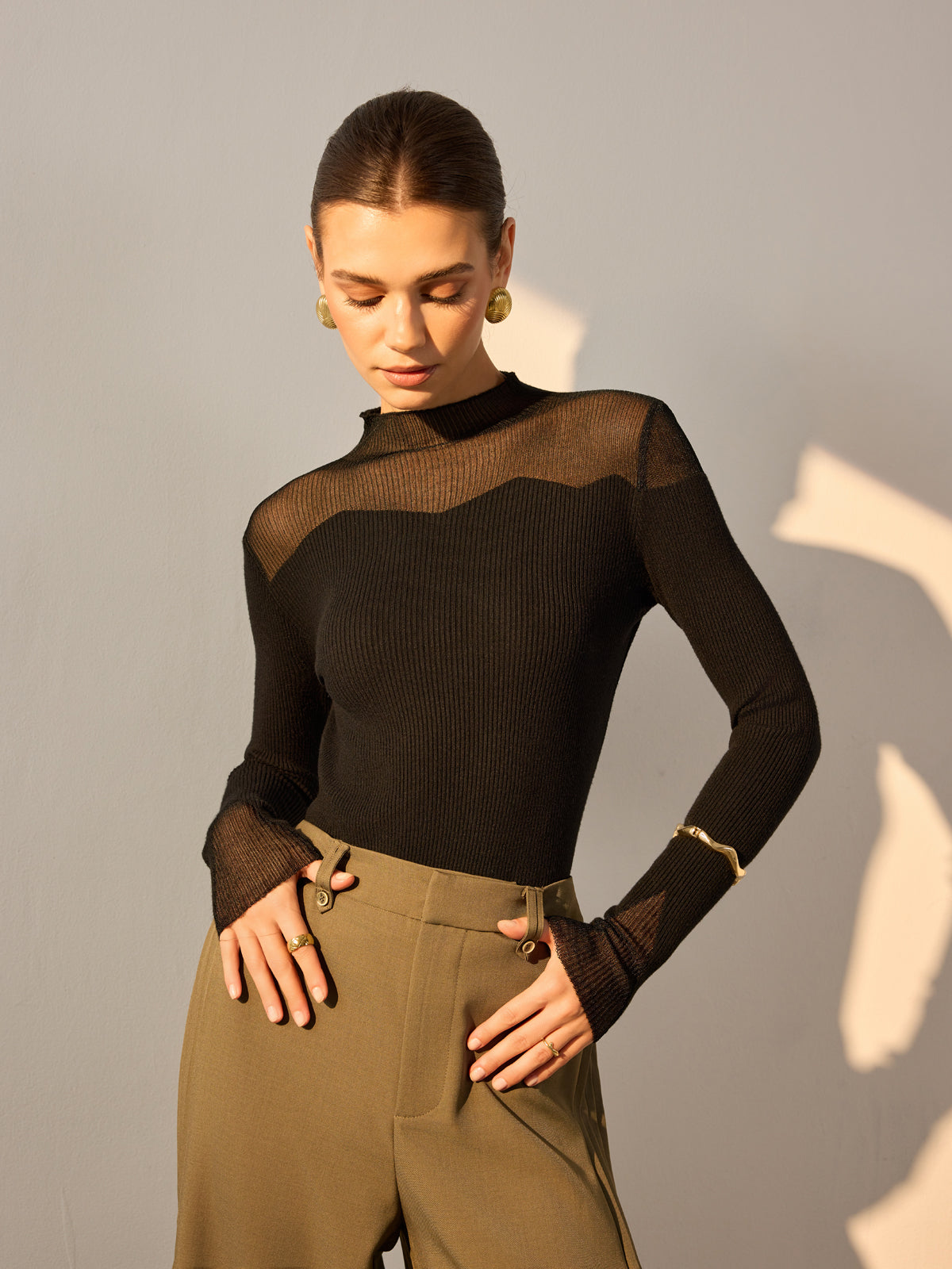 Mock Neck Mesh Panel Slim Sweater