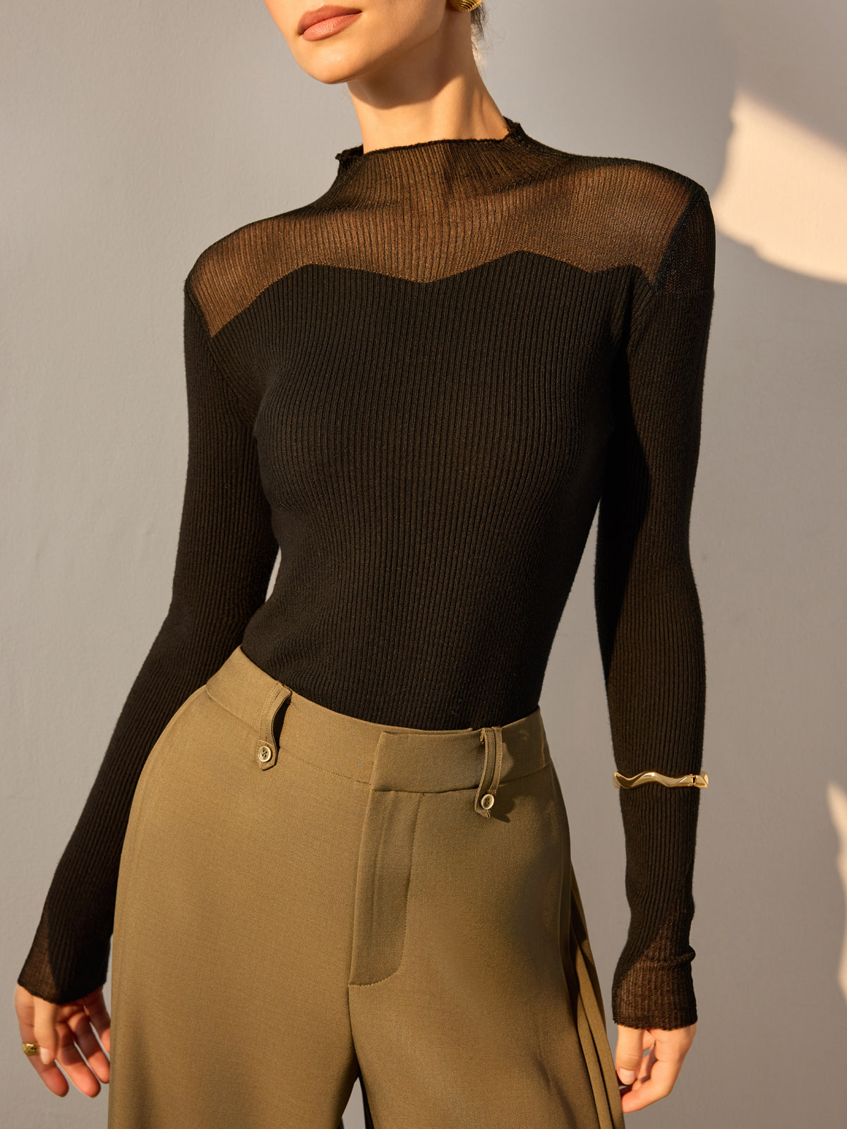 Mock Neck Mesh Panel Slim Sweater