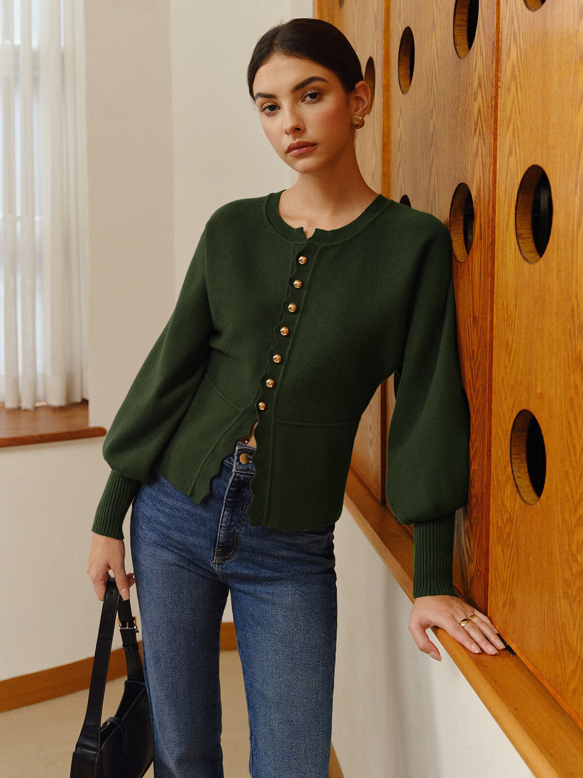 Leg-Of Mutton Sleeve Wave Trim Knit Top