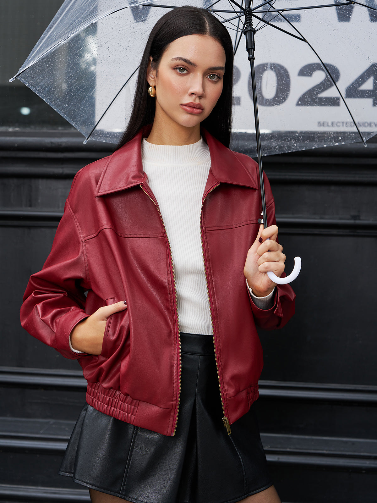 Faux Leather Zip Polo Jacket