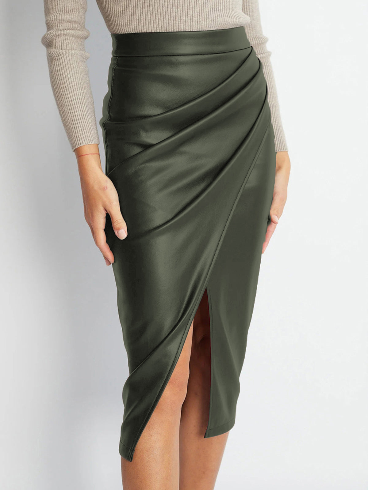 Pleated Split PU Leather Skirt