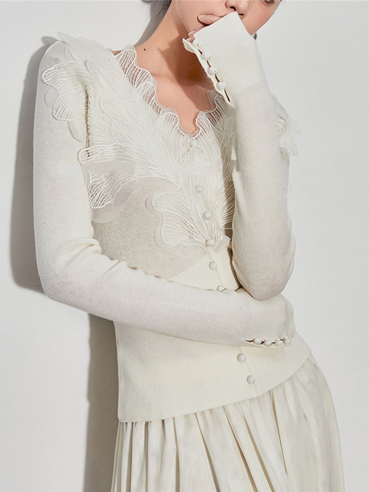 Lace Collar Pearl-Beaded Knit Top