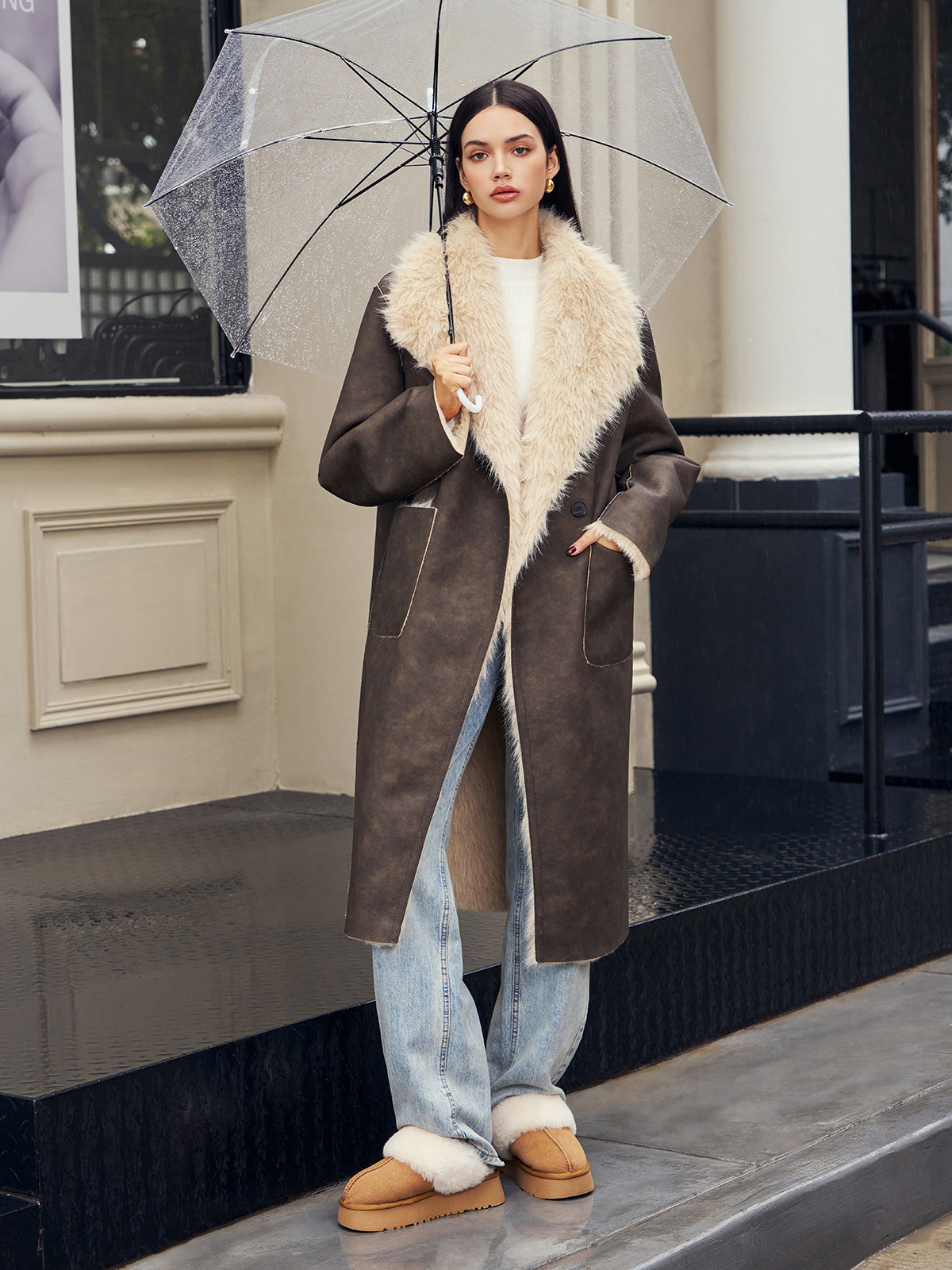 Fuzzy Lined Faux Leather Winter Coat