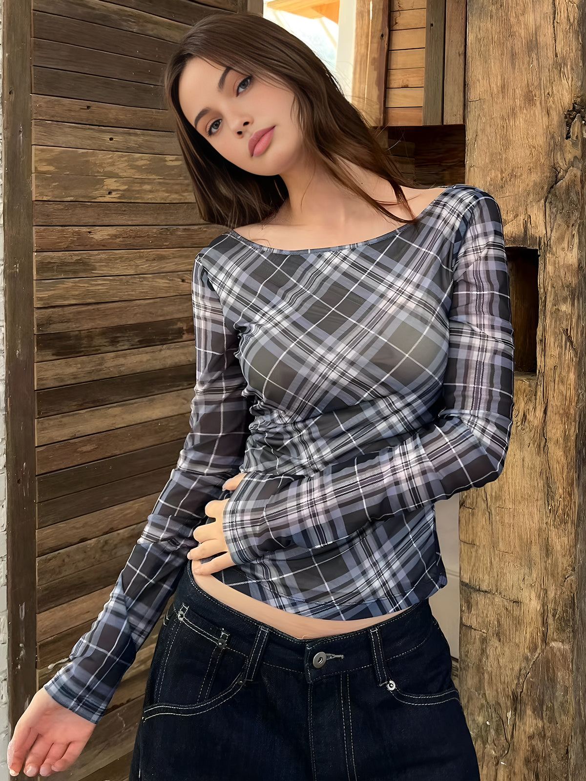 Checked Crop Mesh Blouse