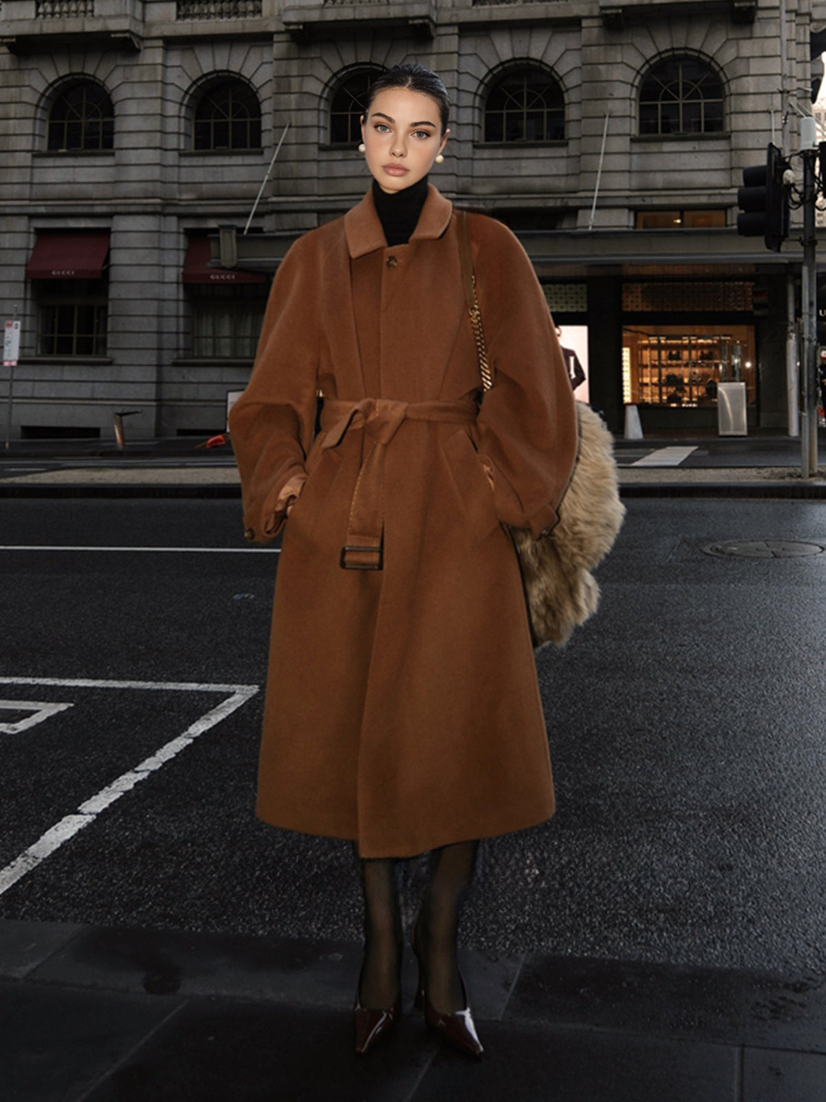 Button Belted Lapel Long Coat