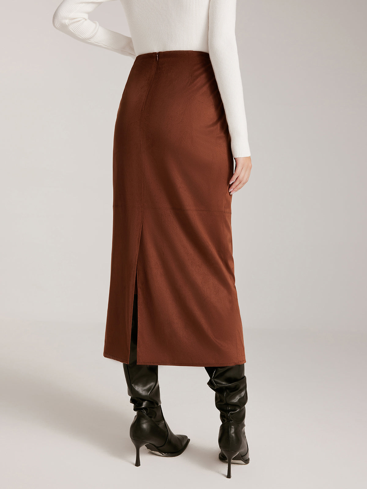 Back-Split Suede Zipper Skirt