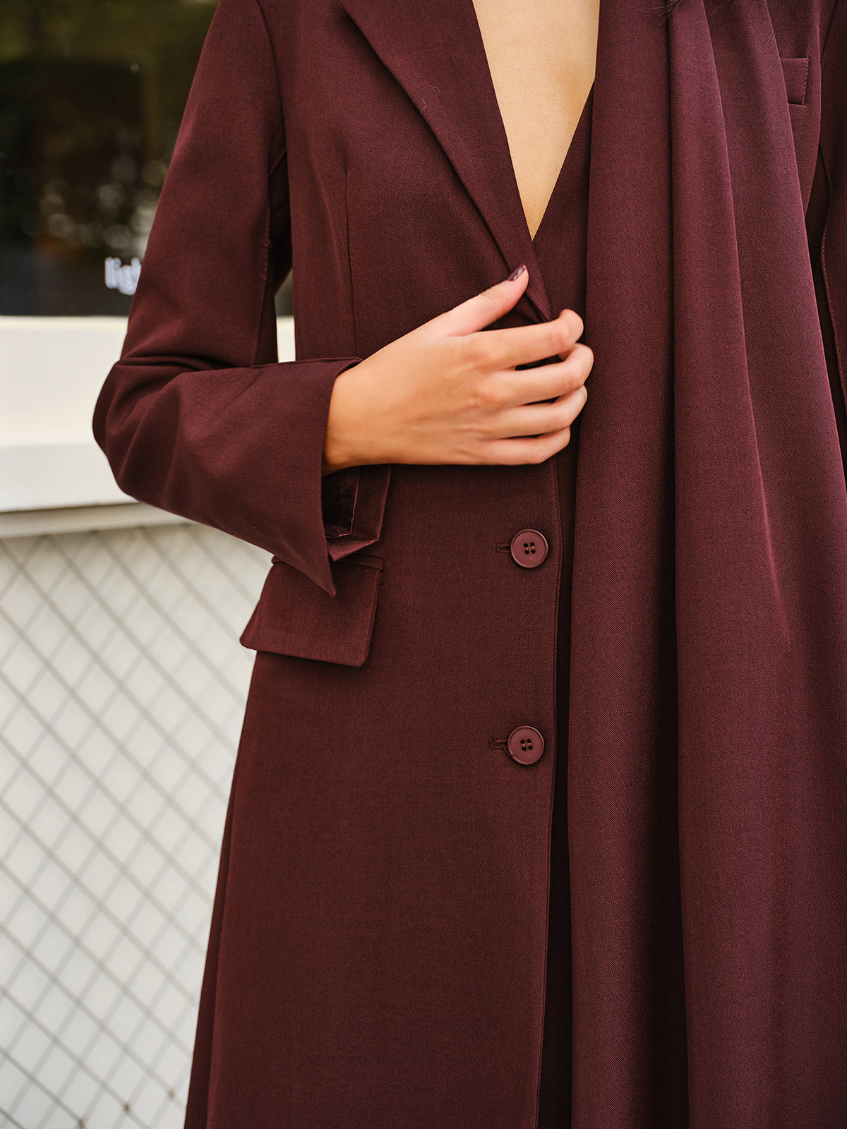 V-Neck Split Trench Coat With Scarf