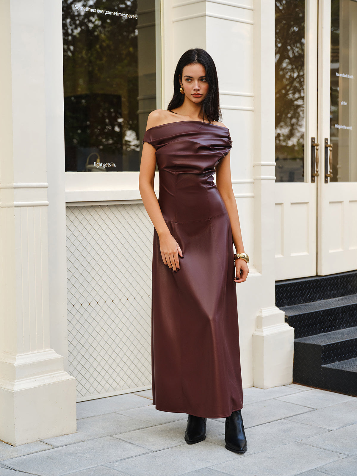 Ruched Faux Leather Strapless Dress