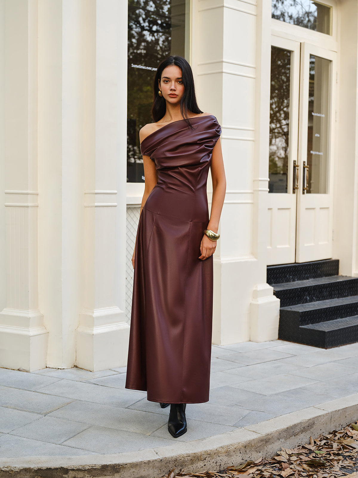 Ruched Faux Leather Strapless Dress