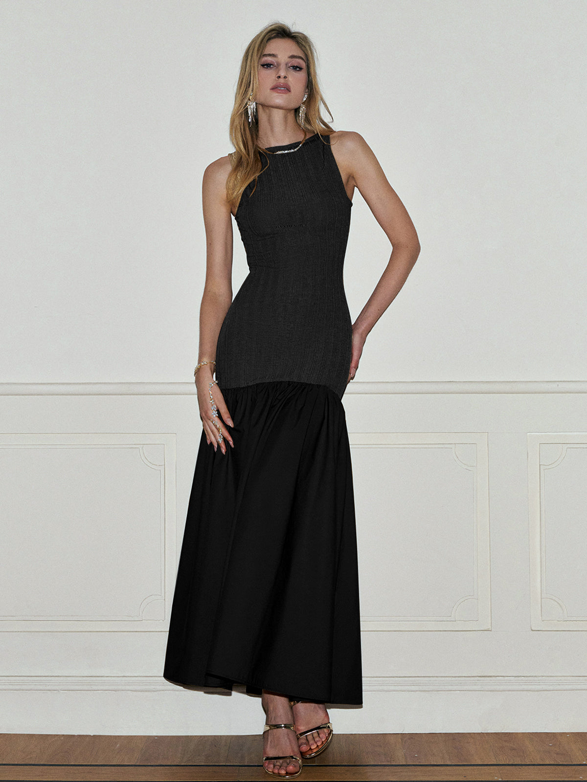 Pleated Panel Tank Long Dress