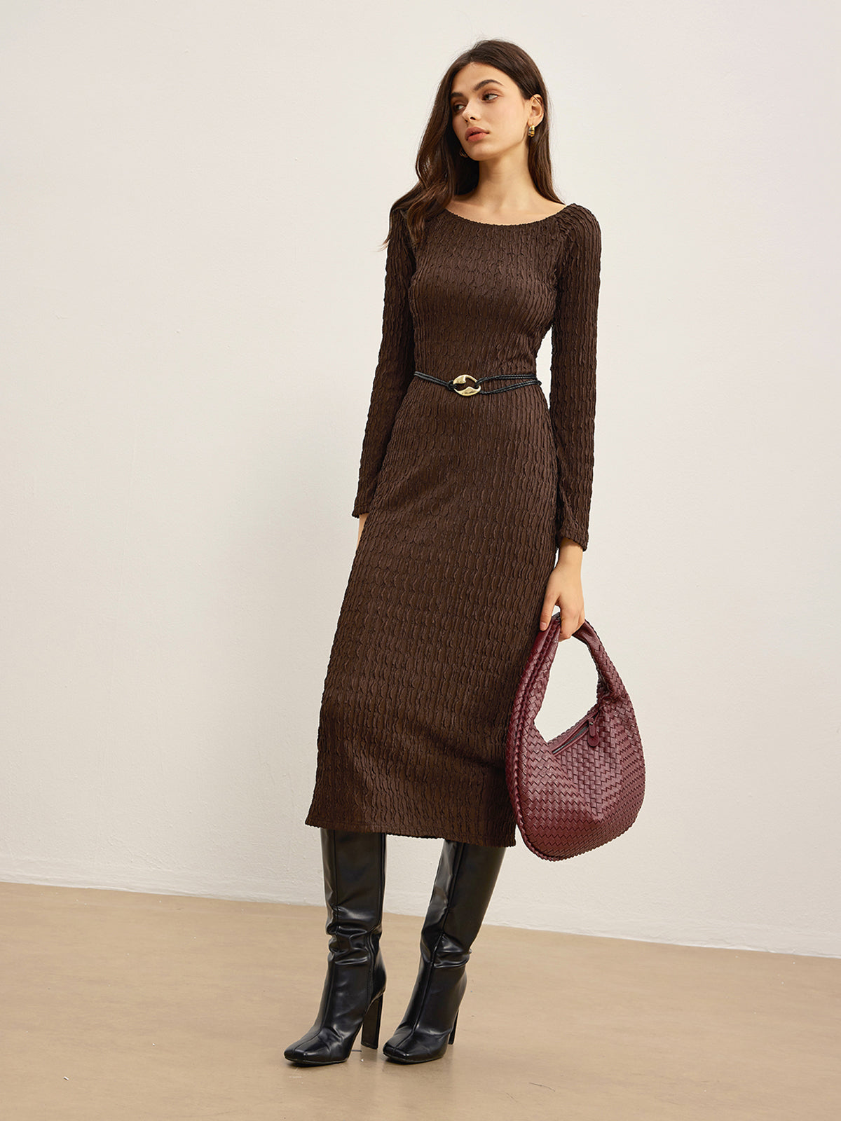 Plain Crinkle Textured Dress Without Belt