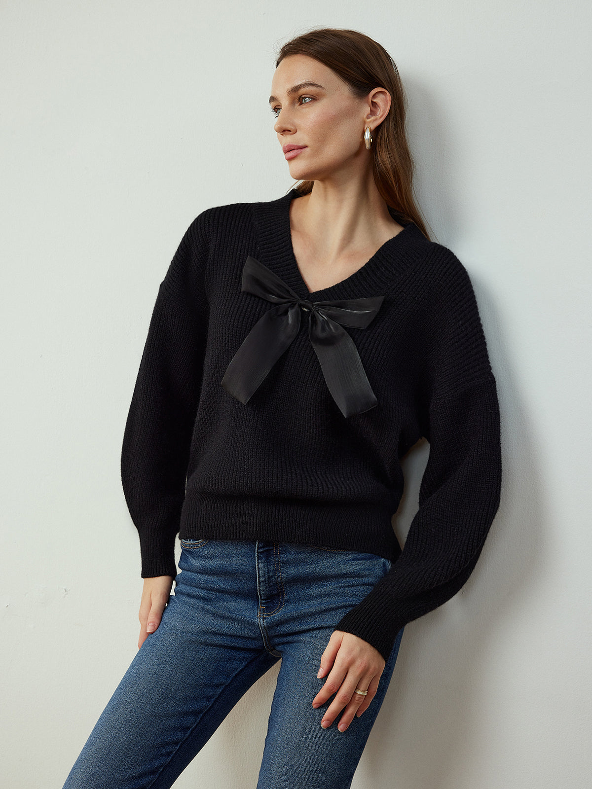 V-Neck Bow-Decor Sweater