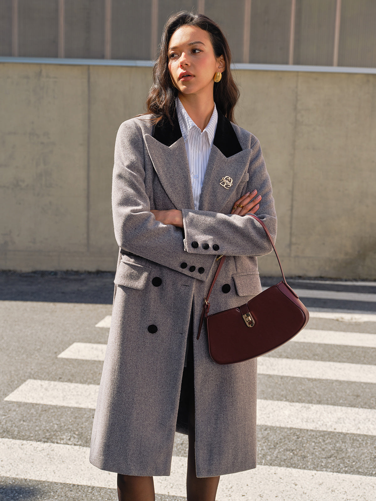 Contrast Collar Belted Tweed Coat